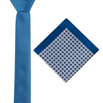 Blue plain tie and floral tile pocket square set